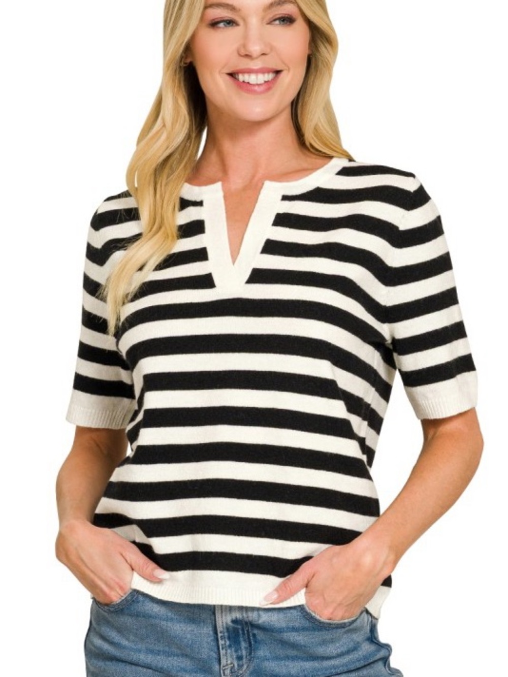 Zenana Outfitters Black and White Striped V-Notch Short Sleeve Top